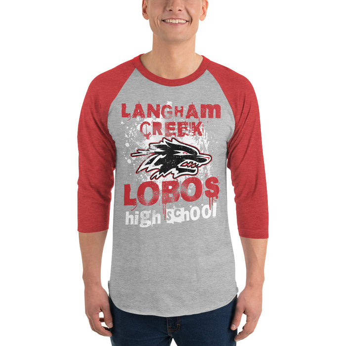 Man wearing Langham Creek High School Lobos Unisex 3/4 sleeve Raglan T-shirt 205