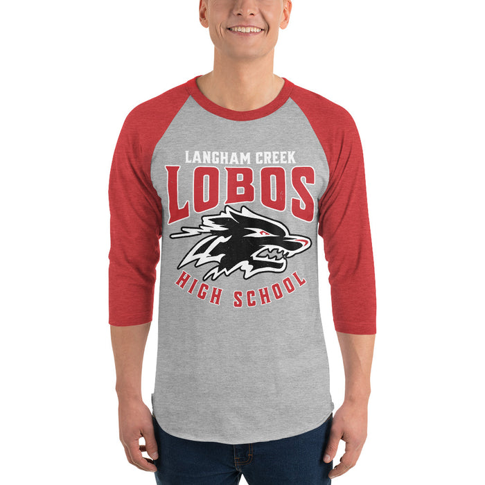 Man wearing Langham Creek High School Lobos Unisex 3/4 sleeve Raglan T-shirt 213