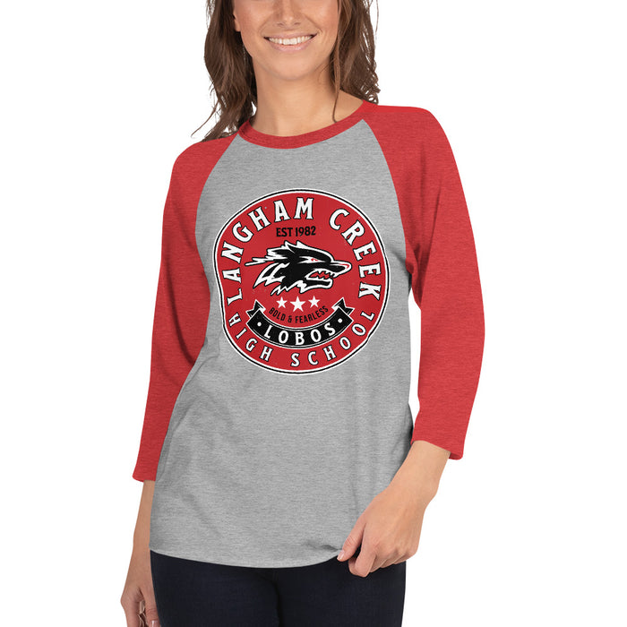 Woman wearing Langham Creek High School Lobos Unisex 3/4 sleeve Raglan T-shirt 215