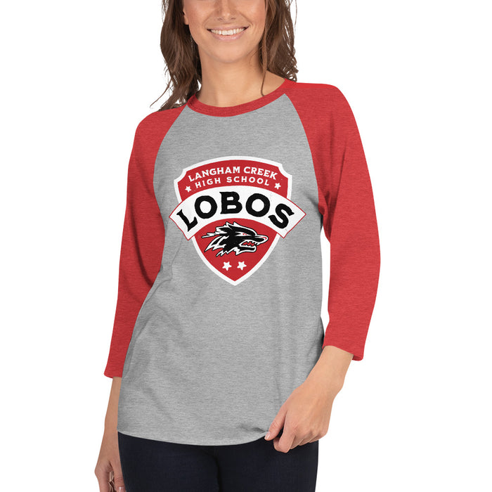 Woman wearing Langham Creek High School Lobos Unisex 3/4 sleeve Raglan T-shirt 221