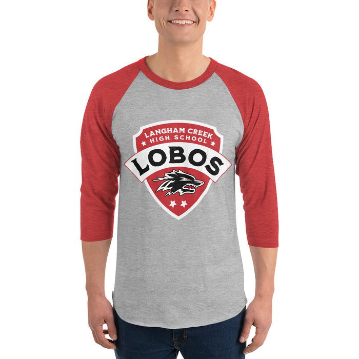 Man wearing Langham Creek High School Lobos Unisex 3/4 sleeve Raglan T-shirt 221