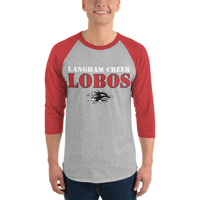 Man wearing Langham Creek High School Lobos Unisex 3/4 sleeve Raglan T-shirt 222