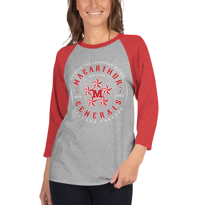 Woman wearing MacArthur High School Generals Unisex 3/4 sleeve Raglan T-shirt 214