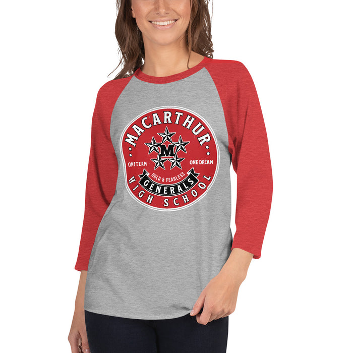 Woman wearing MacArthur High School Generals Unisex 3/4 sleeve Raglan T-shirt 215