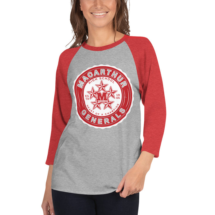 Woman wearing MacArthur High School Generals Unisex 3/4 sleeve Raglan T-shirt 216