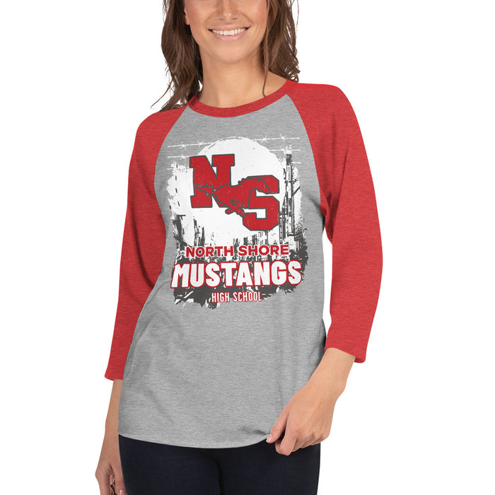 Woman wearing North Shore High School Mustangs Unisex 3/4 sleeve Raglan T-shirt 202