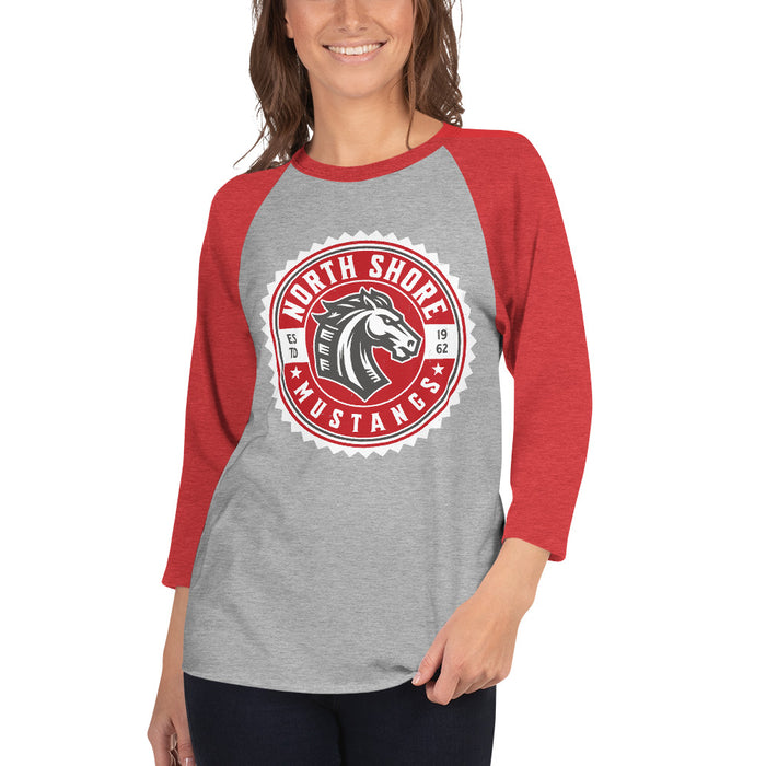 Woman wearing North Shore High School Mustangs Unisex 3/4 sleeve Raglan T-shirt 203