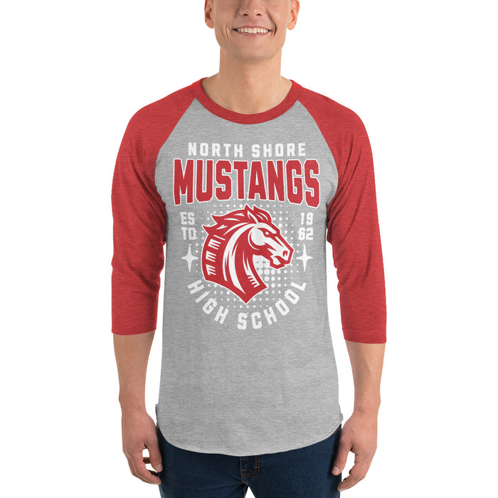 Man wearing North Shore High School Mustangs Unisex 3/4 sleeve Raglan T-shirt 204