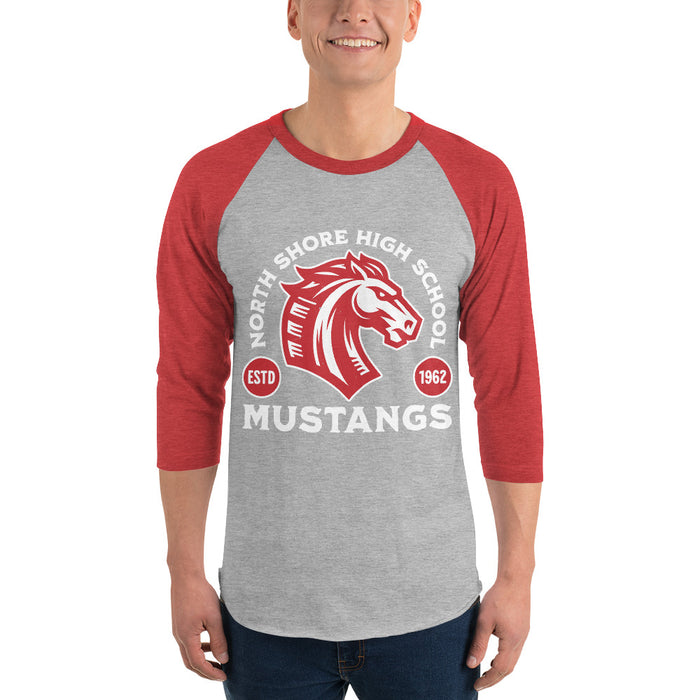 Man wearing North Shore High School Mustangs Unisex 3/4 sleeve Raglan T-shirt 208