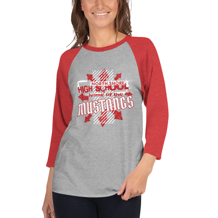 Woman wearing North Shore High School Mustangs Unisex 3/4 sleeve Raglan T-shirt 210