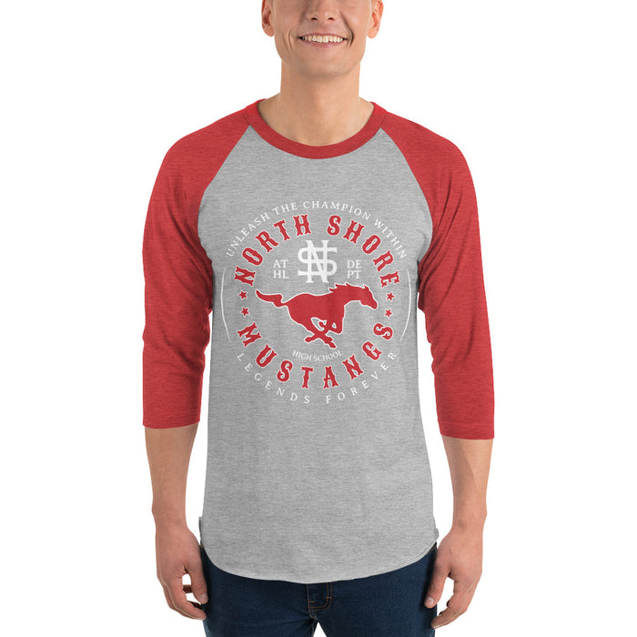 Man wearing North Shore High School Mustangs Unisex 3/4 sleeve Raglan T-shirt 214