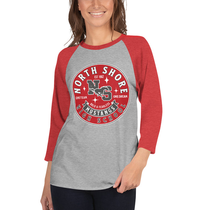 Woman wearing North Shore High School Mustangs Unisex 3/4 sleeve Raglan T-shirt 215