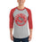 Man wearing North Shore High School Mustangs Unisex 3/4 sleeve Raglan T-shirt 215