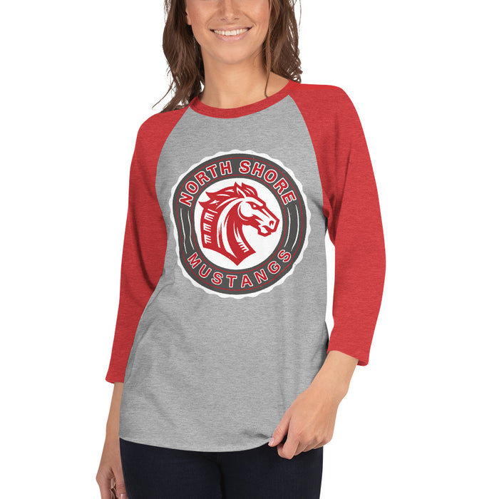 Woman wearing North Shore High School Mustangs Unisex 3/4 sleeve Raglan T-shirt 218