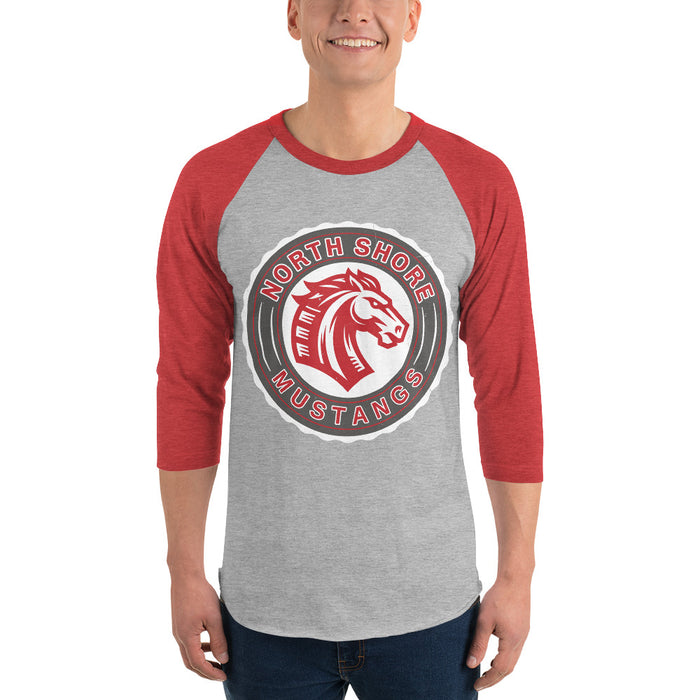 Man wearing North Shore High School Mustangs Unisex 3/4 sleeve Raglan T-shirt 218