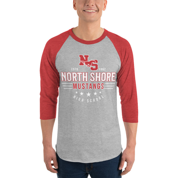 Man wearing North Shore High School Mustangs Unisex 3/4 sleeve Raglan T-shirt 218