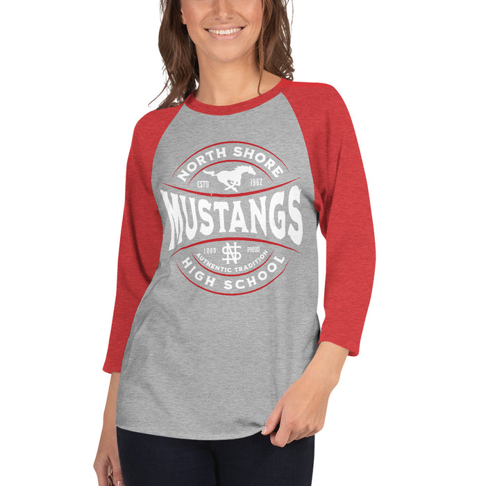 Woman wearing North Shore High School Mustangs Unisex 3/4 sleeve Raglan T-shirt 218