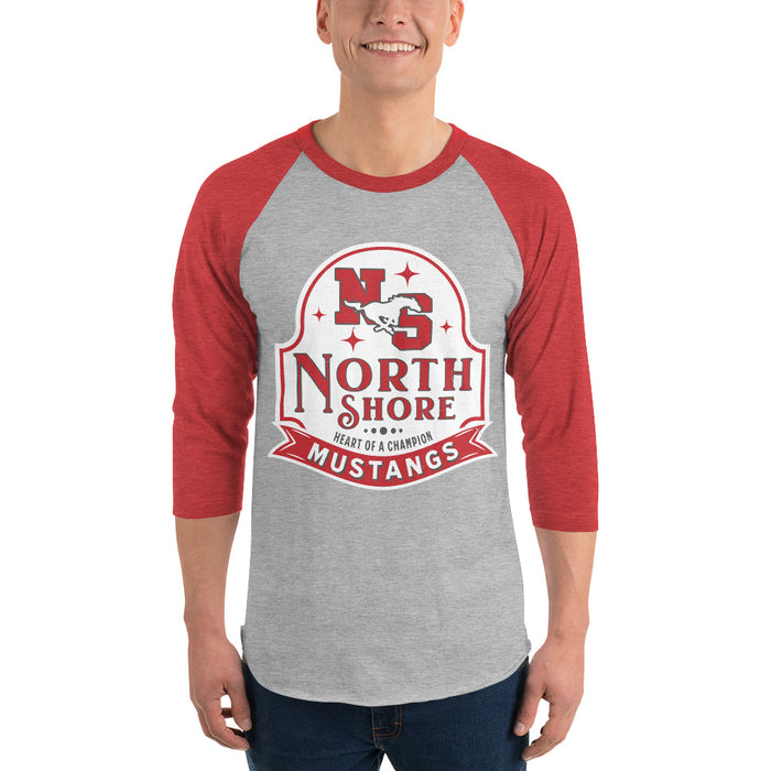 Man wearing North Shore High School Mustangs Unisex 3/4 sleeve Raglan T-shirt 219