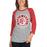 Woman wearing North Shore High School Mustangs Unisex 3/4 sleeve Raglan T-shirt 220