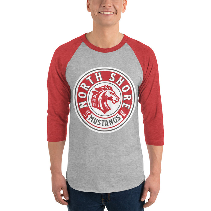 Man wearing North Shore High School Mustangs Unisex 3/4 sleeve Raglan T-shirt 220