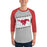 Man wearing North Shore High School Mustangs Unisex 3/4 sleeve Raglan T-shirt 223