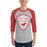 Man wearing North Shore High School Mustangs Unisex 3/4 sleeve Raglan T-shirt 225