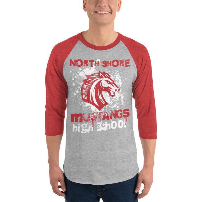 Man wearing North Shore High School Mustangs Unisex 3/4 sleeve Raglan T-shirt 205