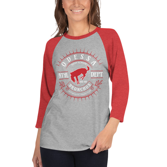 Woman wearing Odessa High School Bronchos Unisex 3/4 Sleeve Raglan T-shirt 201