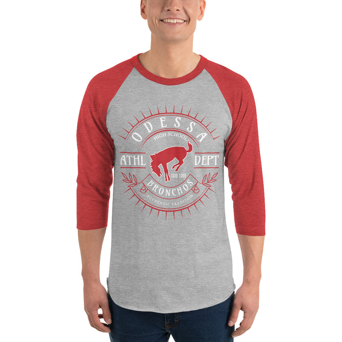 Man wearing Odessa High School Bronchos Unisex 3/4 Sleeve Raglan T-shirt 201