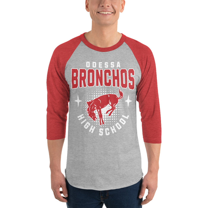 Man wearing Odessa High School Bronchos Unisex 3/4 Sleeve Raglan T-shirt 204