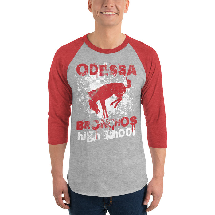 Man wearing Odessa High School Bronchos Unisex 3/4 Sleeve Raglan T-shirt 205