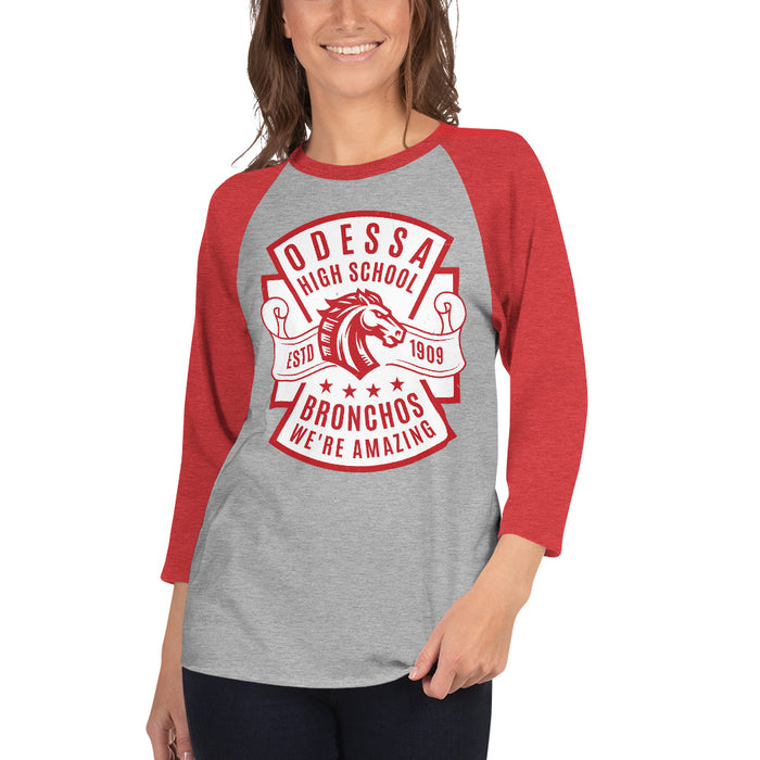 Woman wearing Odessa High School Bronchos Unisex 3/4 Sleeve Raglan T-shirt 207