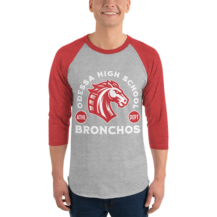 Man wearing Odessa High School Bronchos Unisex 3/4 Sleeve Raglan T-shirt 208