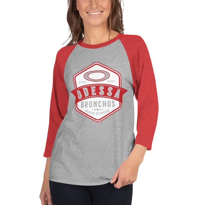 Woman wearing Odessa High School Bronchos Unisex 3/4 Sleeve Raglan T-shirt 209