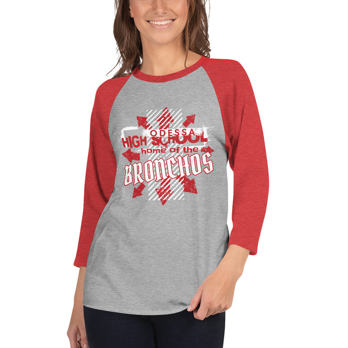 Woman wearing Odessa High School Bronchos Unisex 3/4 Sleeve Raglan T-shirt 210