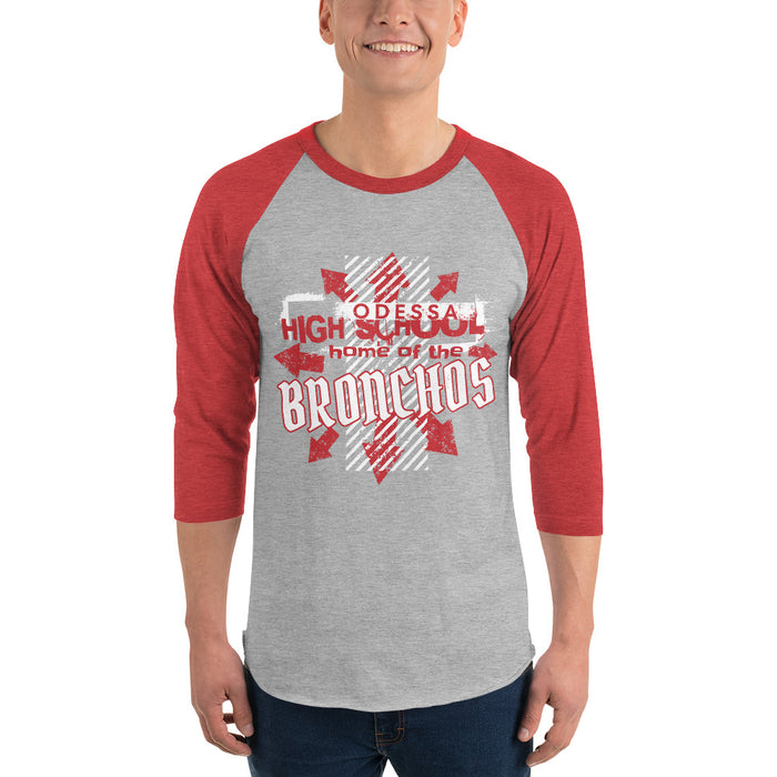 Man wearing Odessa High School Bronchos Unisex 3/4 Sleeve Raglan T-shirt 210