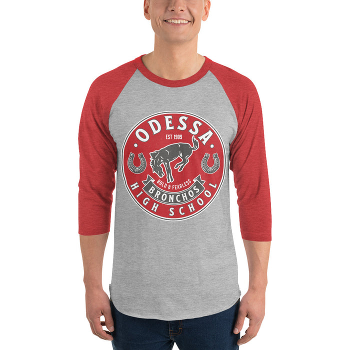 Man wearing Odessa High School Bronchos Unisex 3/4 Sleeve Raglan T-shirt 215