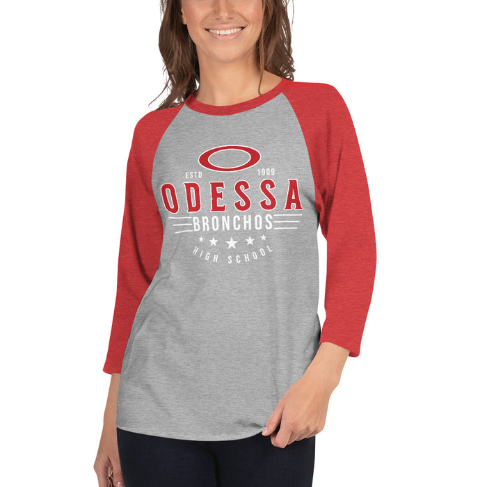 Woman wearing Odessa High School Bronchos Unisex 3/4 Sleeve Raglan T-shirt 217