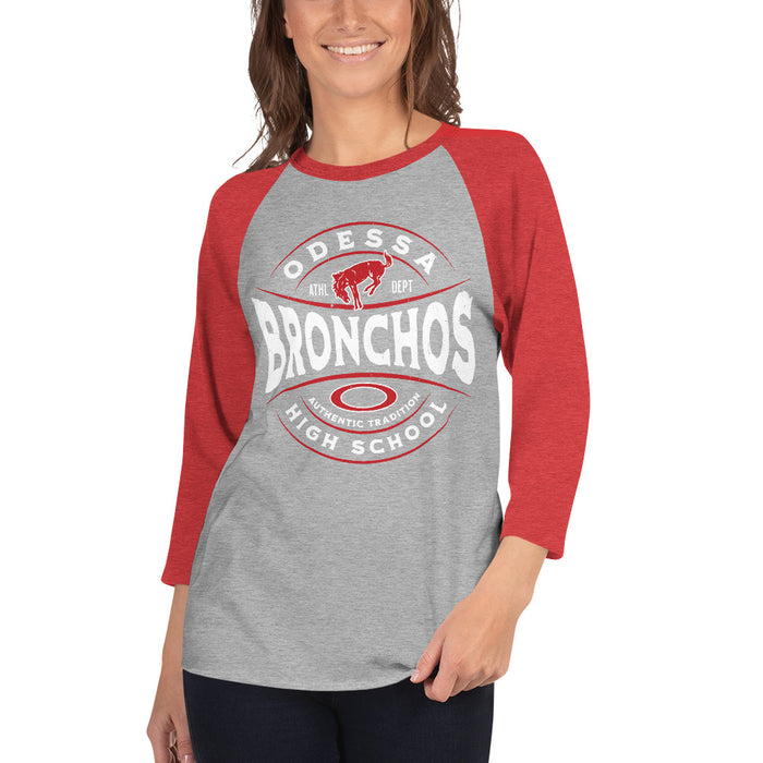 Woman wearing Odessa High School Bronchos Unisex 3/4 Sleeve Raglan T-shirt 218