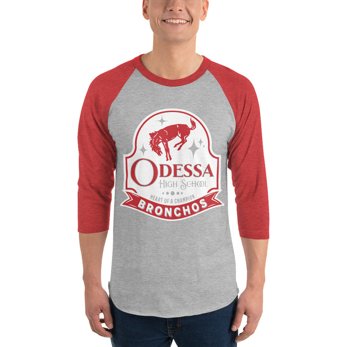 Man wearing Odessa High School Bronchos Unisex 3/4 Sleeve Raglan T-shirt 219