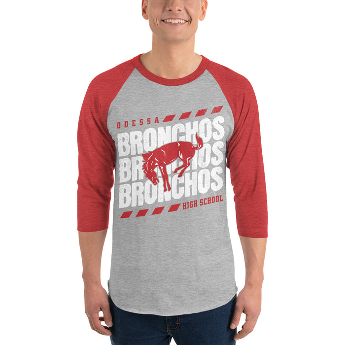 Man wearing Odessa High School Bronchos Unisex 3/4 Sleeve Raglan T-shirt 223