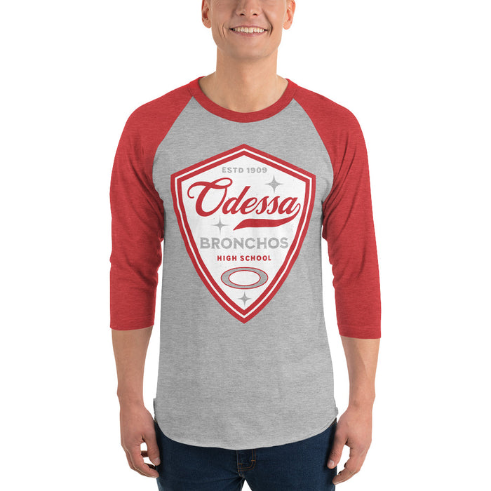 Man wearing Odessa High School Bronchos Unisex 3/4 Sleeve Raglan T-shirt 225