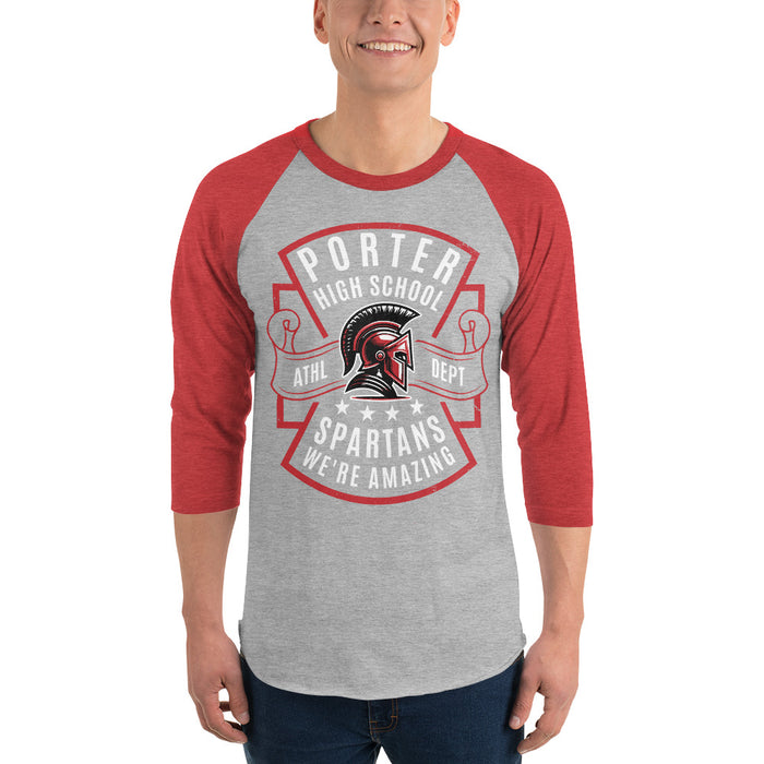 Man wearing Porter High School Spartans Unisex 3/4 Sleeve Raglan T-shirt 207