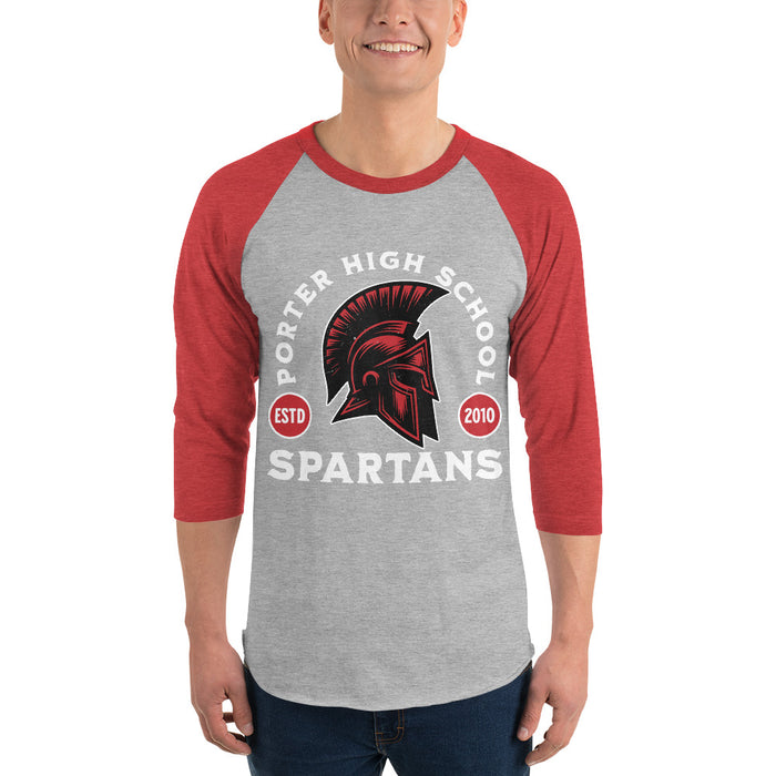 Man wearing Porter High School Spartans Unisex 3/4 Sleeve Raglan T-shirt 208