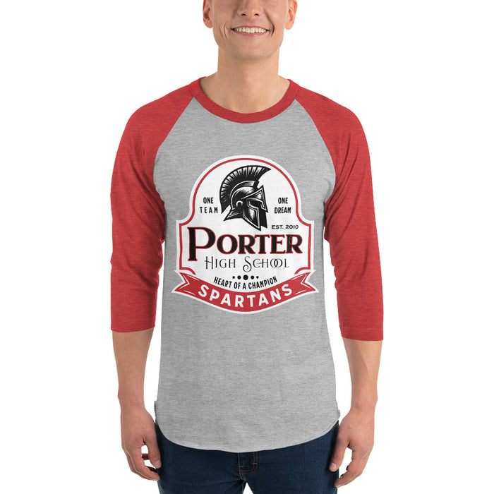 Man wearing Porter High School Spartans Unisex 3/4 Sleeve Raglan T-shirt 219