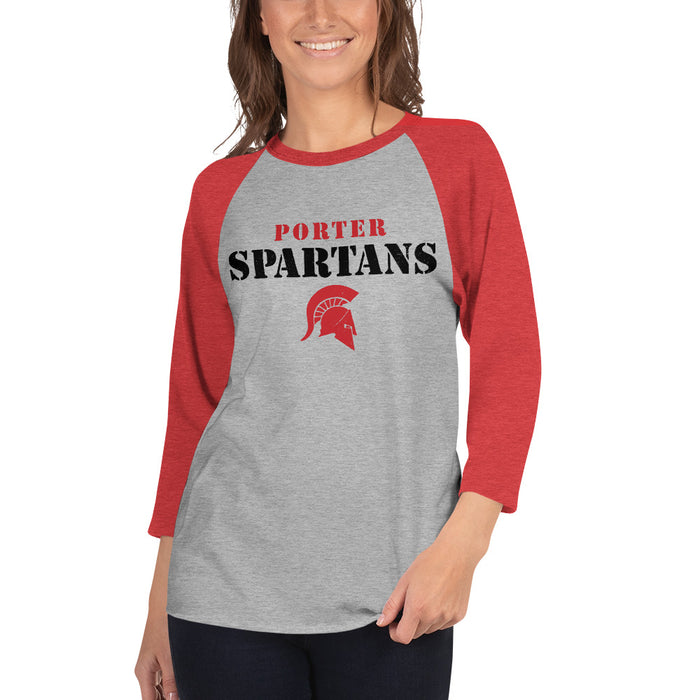 Woman wearing Porter High School Spartans Unisex 3/4 Sleeve Raglan T-shirt 222