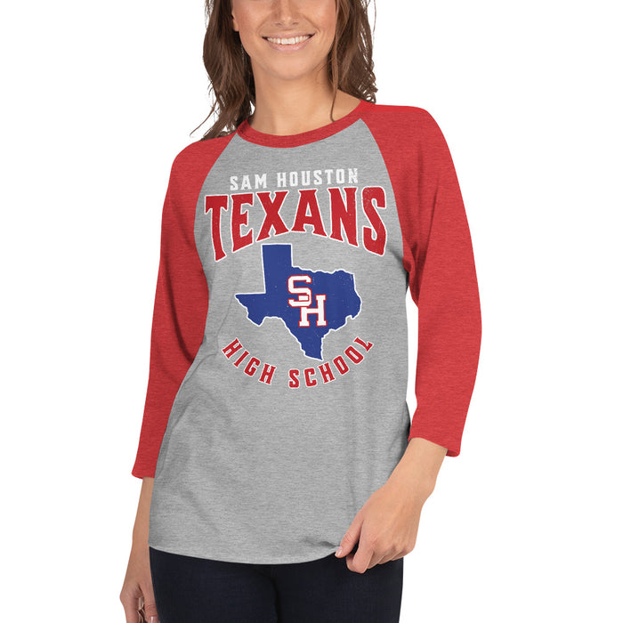 Woman wearing Sam Houston High School Texans Unisex 3/4 sleeve Raglan T-shirt 213