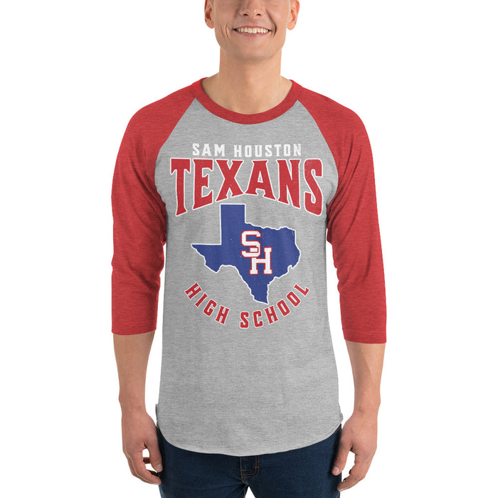 Man wearing Sam Houston High School Texans Unisex 3/4 sleeve Raglan T-shirt 213