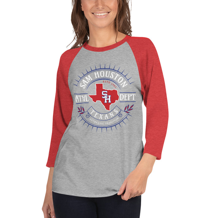 Woman wearing Sam Houston High School Texans Unisex 3/4 sleeve Raglan T-shirt 201