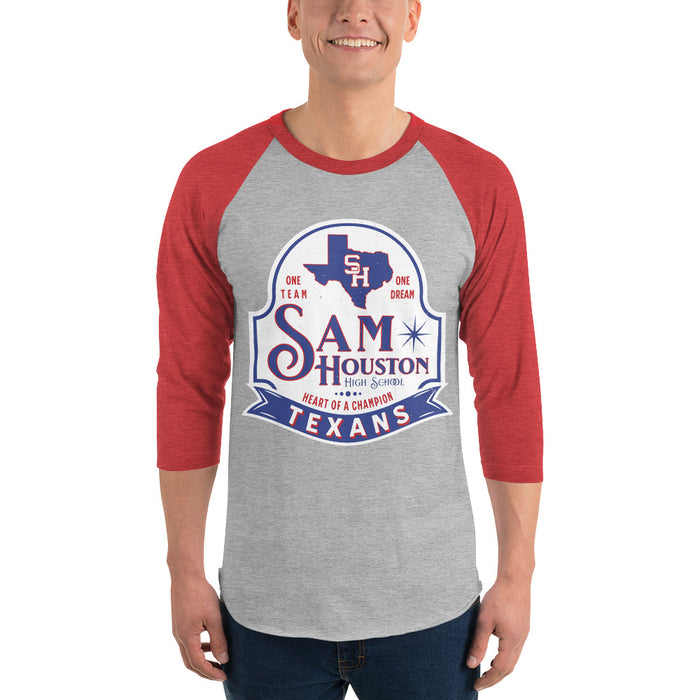 Man wearing Sam Houston High School Texans Unisex 3/4 sleeve Raglan T-shirt 219